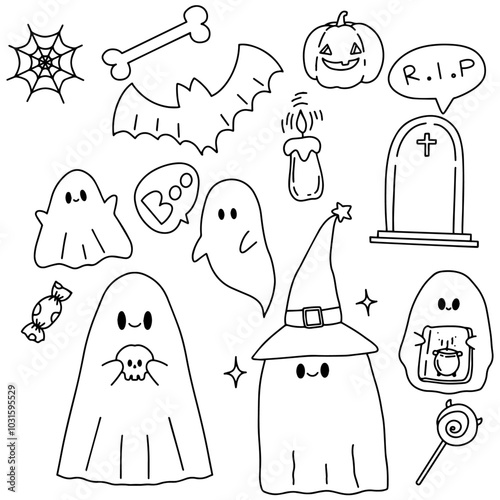 Set of isolated cute Halloween season elements in doodle hand drawn style on a transparent background : Cute Ghostly