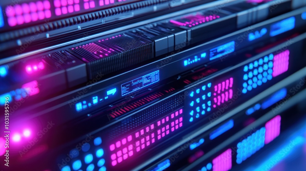 Futuristic server room with glowing LED lights illustrating advanced technology and data storage solutions.
