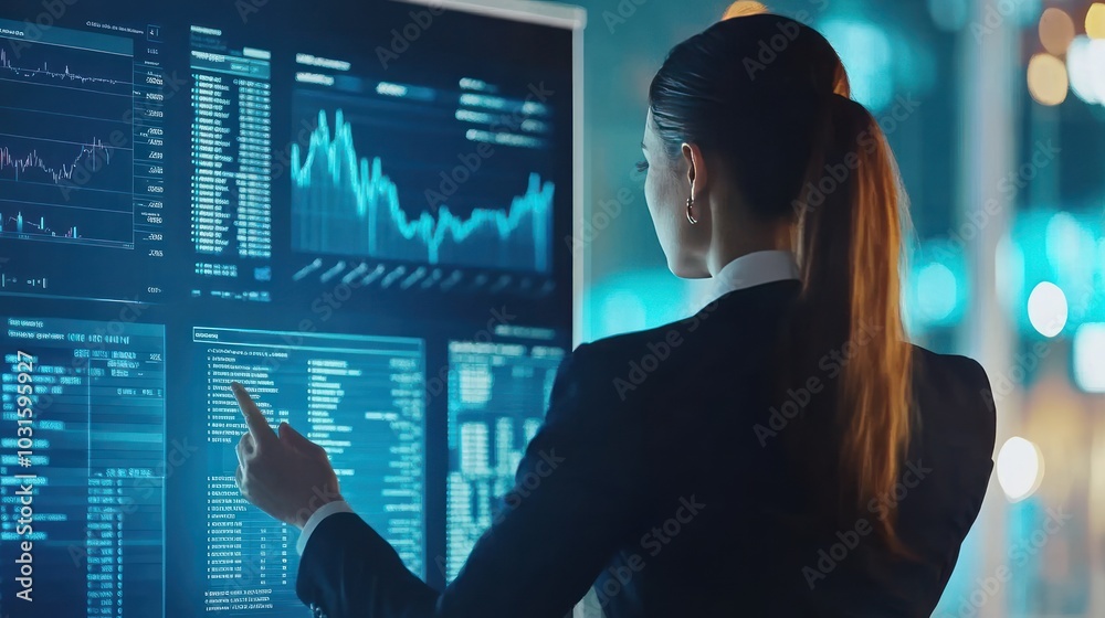 A professional woman analyzing data on a digital screen in a modern office setting. A professional woman analyzing data on a digital screen in a modern office setting.