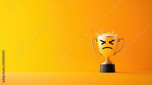 Disappointment Concept: Frowning Face with Broken Trophy in Flat Design, Copy Space Available photo