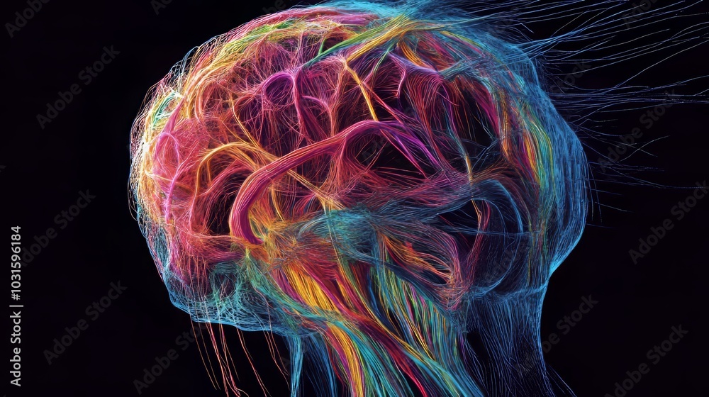 3D Illustration of human brain nerve tracts based on magnetic resonance imaging (MRI) data. 3D Illustration of human brain nerve tracts based on magnetic resonance imaging (MRI) data.
