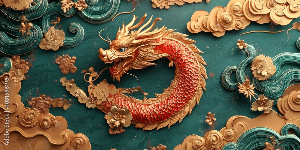 Fototapeta premium Poster banner dragon Chinese zodiac, Generative AI