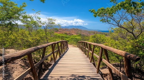 A wooden bridge leading through a tropical forest towards a mountain range in the distance.