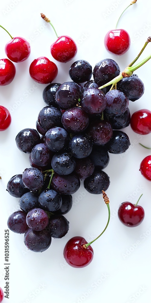 Grapes and cherries clustered together, deep purple and red on white background Grapes and cherries clustered together, deep purple and red on white background