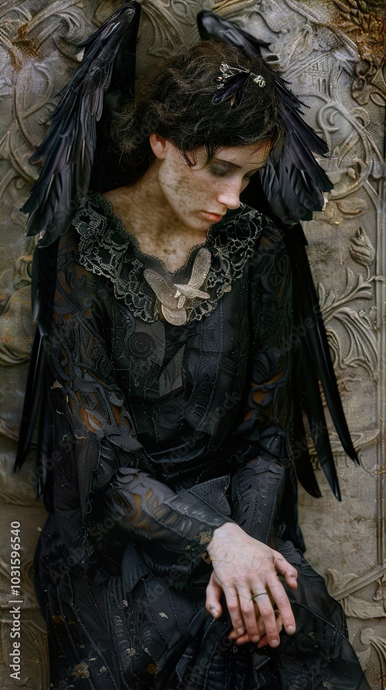Dark Angel: A Woman with Black Wings in a Gothic Portrait Dark Angel: A Woman with Black Wings in a Gothic Portrait