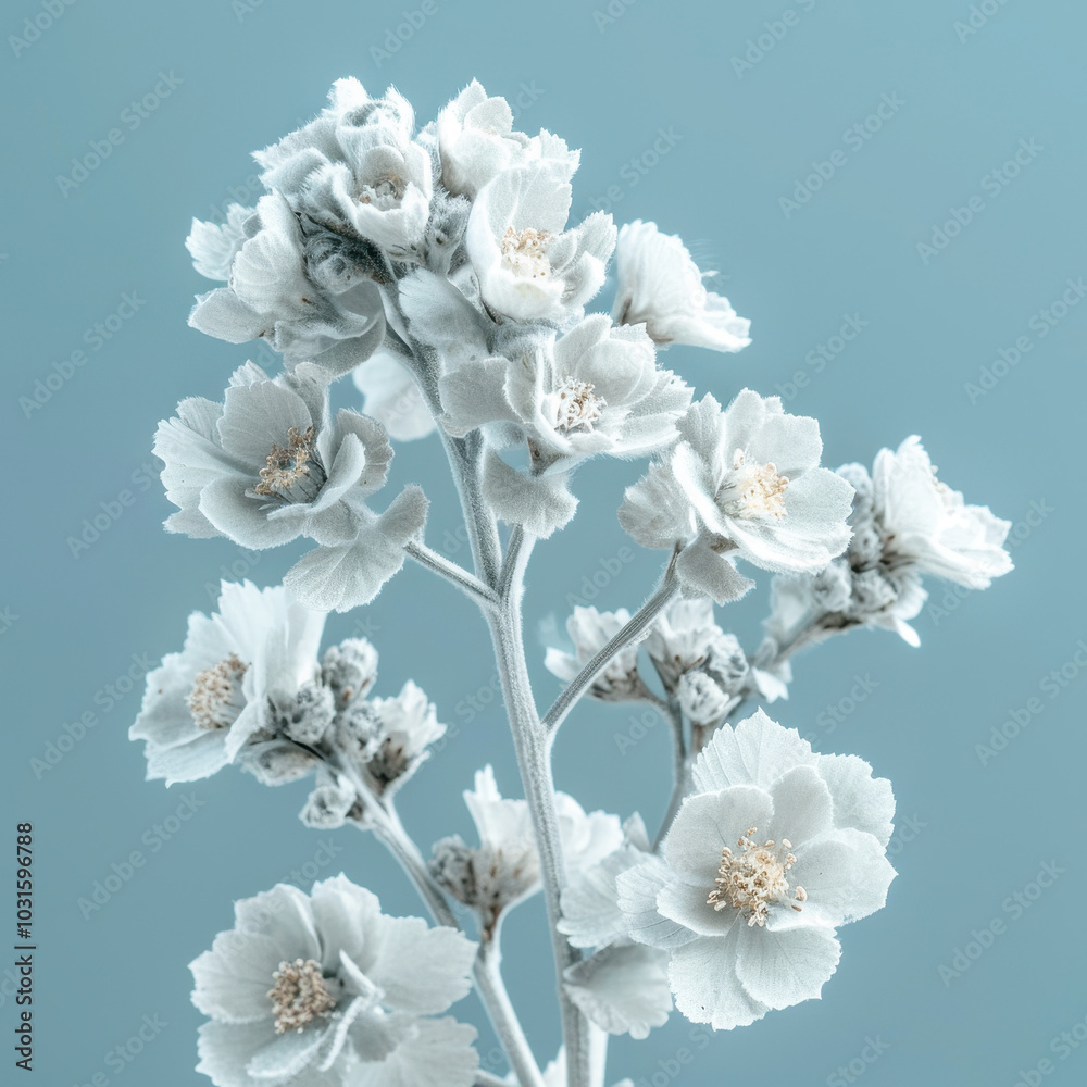 Studio shot of delicate Dusty Miller flowers showcasing intricate details and soft textures against a serene blue background Studio shot of delicate Dusty Miller flowers showcasing intricate details and soft textures against a serene blue background