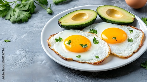 Delicious breakfast plate with fried eggs and avocado garnished with fresh herbs perfect for a healthy start to your day