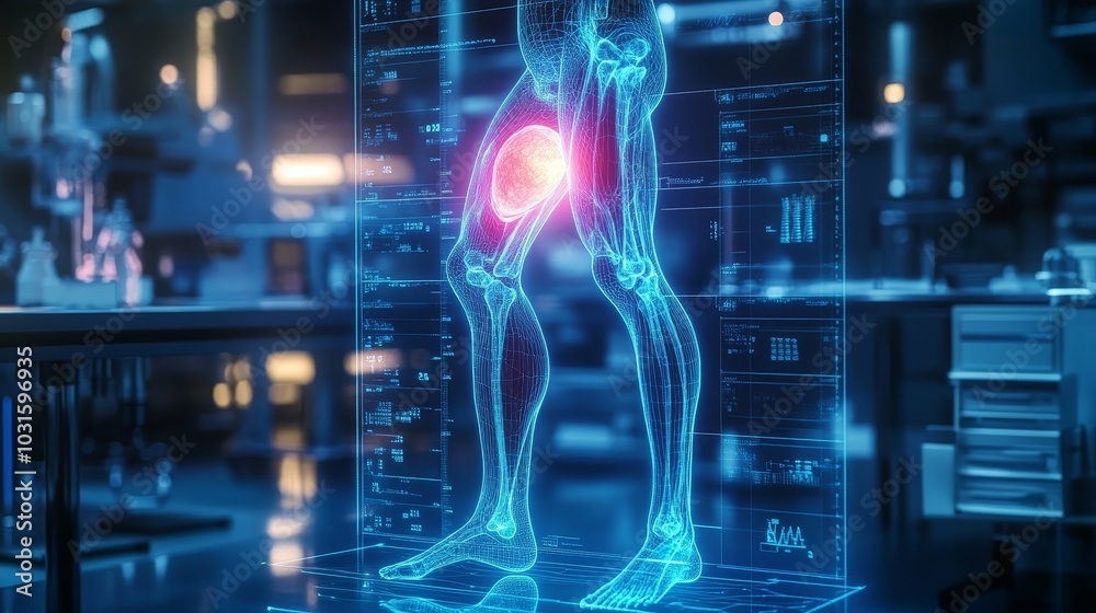 Futuristic lab scene, holographic scan reveals knee injury, vibrant blue neon lights swirling in a healing pattern, advanced medical equipment everywhere Futuristic lab scene, holographic scan reveals knee injury, vibrant blue neon lights swirling in a healing pattern, advanced medical equipment everywhere