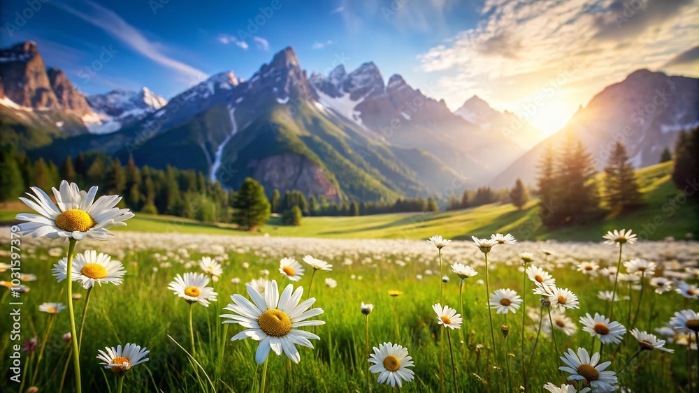 Fototapeta premium Serene Landscape with Daisies in a Lush Field under Blue Sky and Majestic Mountains