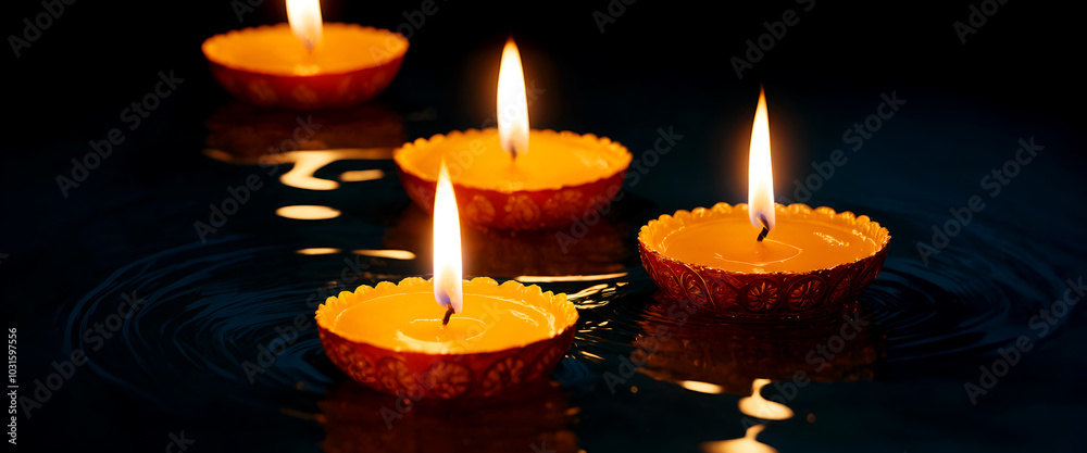 Burning candles in water for Diwali holiday, created with Generative AI technology Burning candles in water for Diwali holiday, created with Generative AI technology