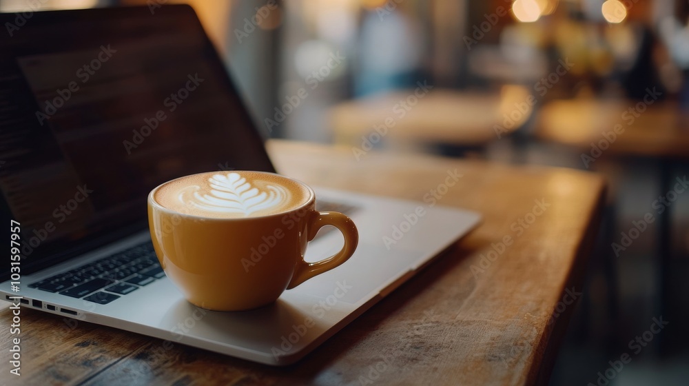 Close-up of hot coffee latte with latte art milk foam in a mug and laptop computer on a wood desk in a coffee shop. Business work concept. --