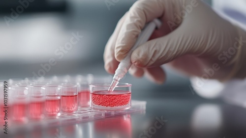 Scientist Examining Red Spheres in Petri Dish with Pipette