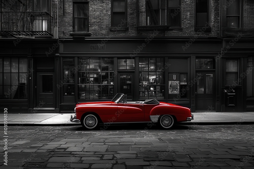 Naklejka premium Stunning Photograph of a Classic Red Convertible Parked on a Quaint Urban Street Merging Nostalgia and Charm in a Black and White Scene