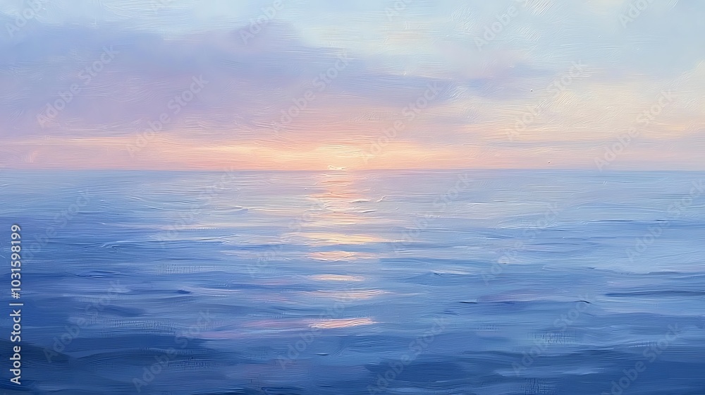 Obraz premium Abstract Seascape Painting Sunset Over Ocean Blue and Pink Hues