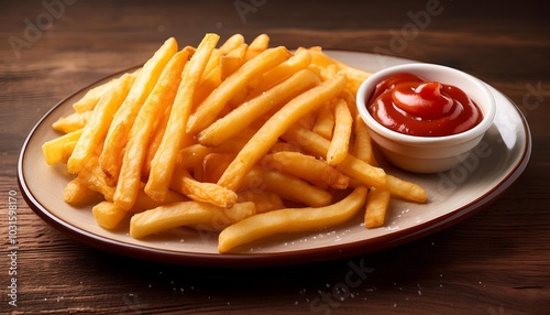 Crispy golden french fries piled high on a white plate, served with ketchup photo