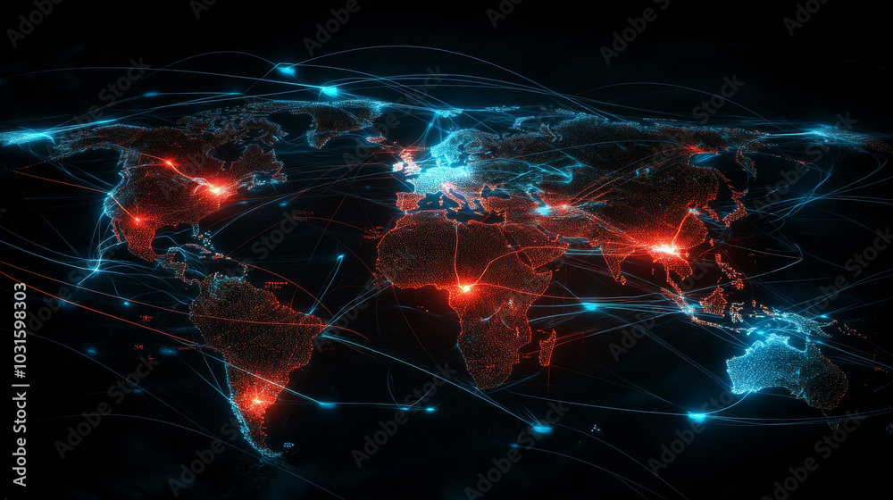 Global data flows around the world like a network of glowing lines. This image shows how countries like China, Japan, India, and those in Europe and Australia connect through digital communication. Global data flows around the world like a network of glowing lines. This image shows how countries like China, Japan, India, and those in Europe and Australia connect through digital communication.