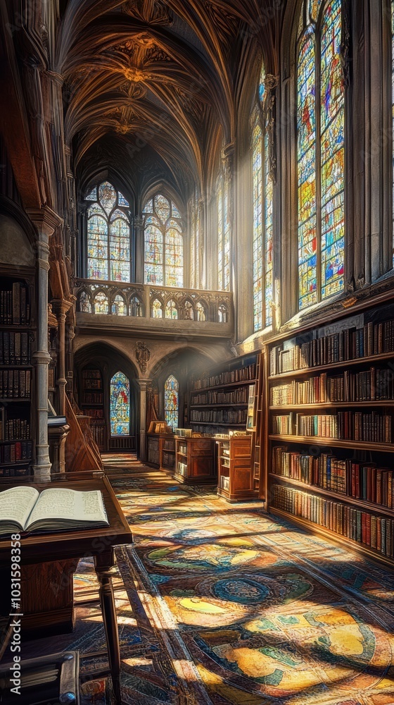 An ancient library filled with scrolls, books, and early scientific manuscripts