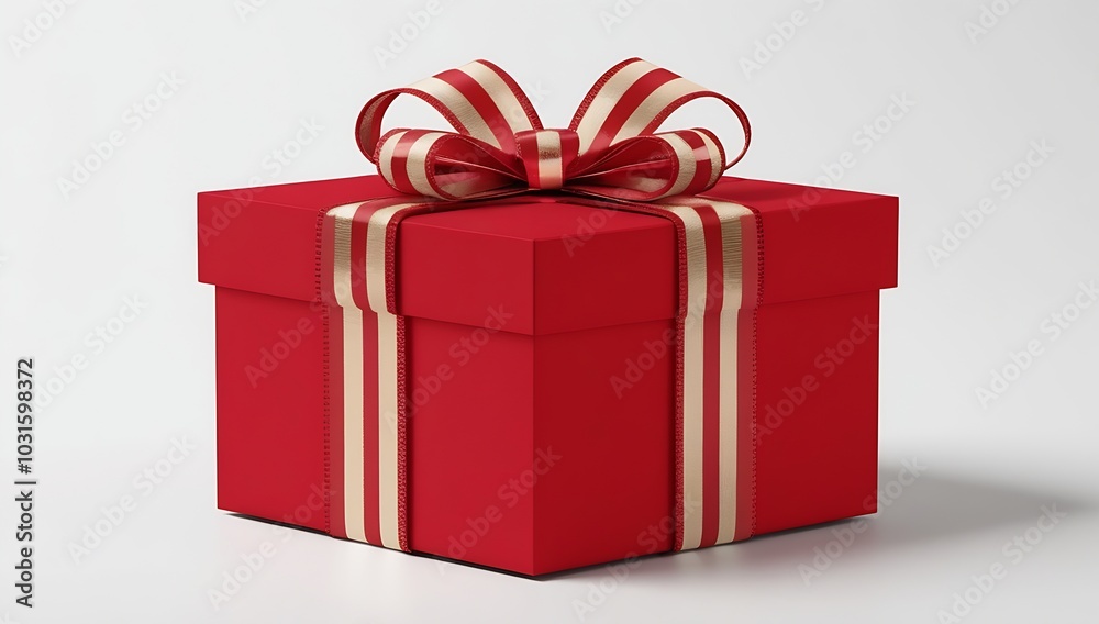 Obraz premium A simple yet stylish red gift box with a red ribbon, on a white background. Ideal for holiday promotions, festive designs, or any celebratory occasion requiring a touch of elegance.