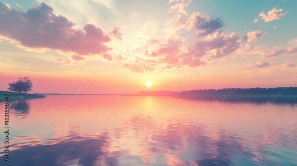Sunset over calm water with trees. Sunset over calm water with trees.