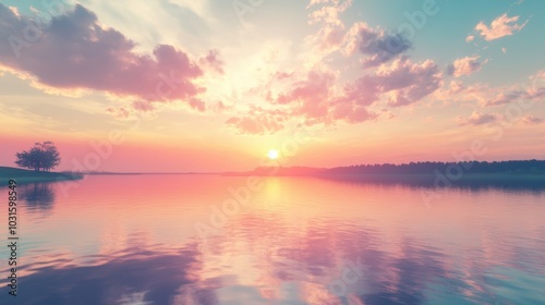 Sunset over calm water with trees.