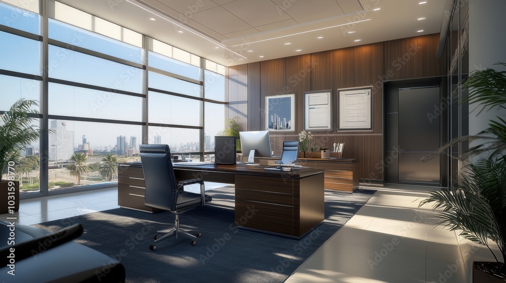 Modern office with large windows and city view. Modern office with large windows and city view.