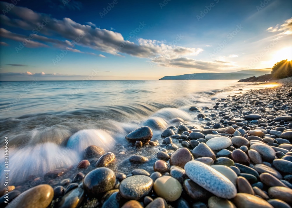 Obraz premium Serene Pebbled Beach with Smooth Grey Rocks and Dreamy Water Effects