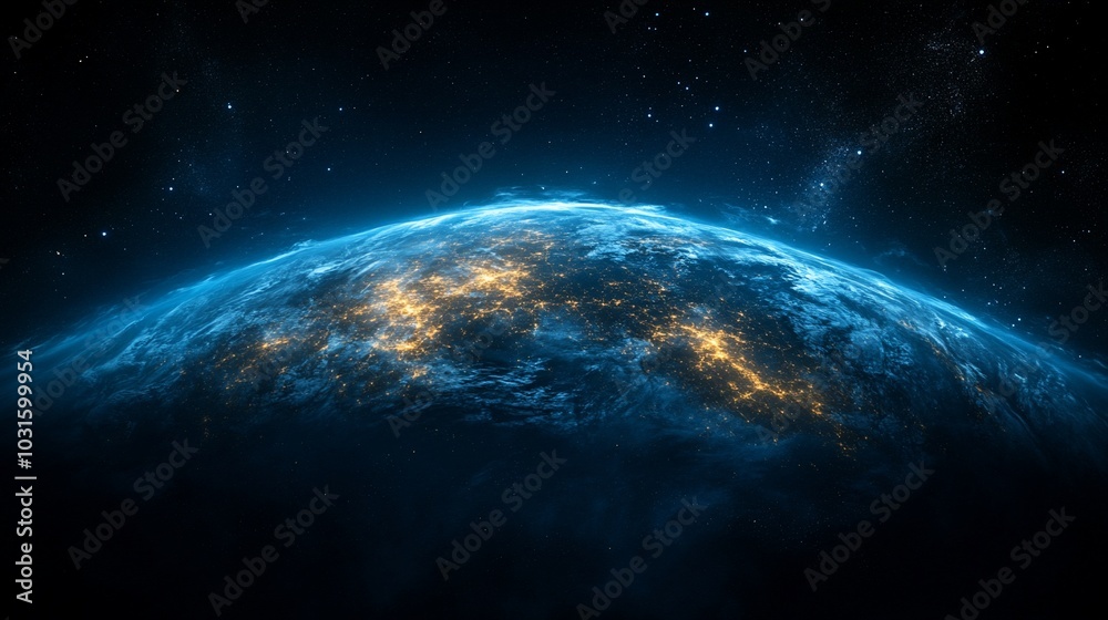 Obraz premium A glowing planet with illuminated features against a dark cosmic backdrop.