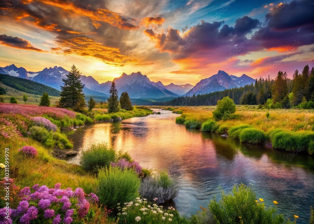 Fototapeta premium Serene River Landscape in Watercolor Art Style for Tranquil Nature Lovers