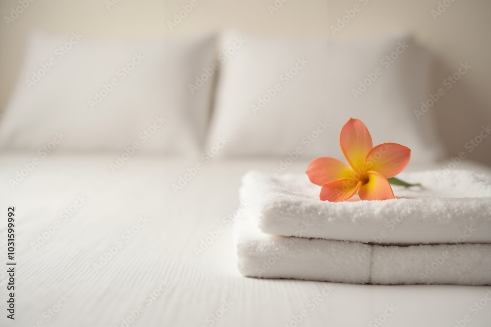 Tranquil spa concept with plumeria flower on soft towels for relaxation and serenity. Tranquil spa concept with plumeria flower on soft towels for relaxation and serenity.