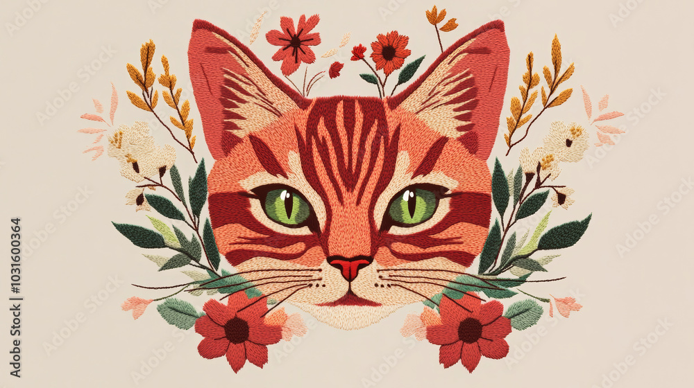 A cat with red and orange stripes, green eyes, and a flower arrangement near its head. This design is perfect for embroidery, textile decoration, or creating patches and badges. A cat with red and orange stripes, green eyes, and a flower arrangement near its head. This design is perfect for embroidery, textile decoration, or creating patches and badges.