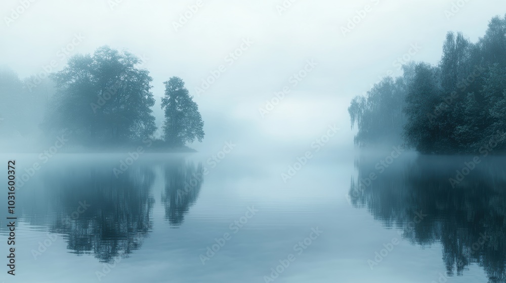 Fototapeta premium Misty morning with trees reflected in water.