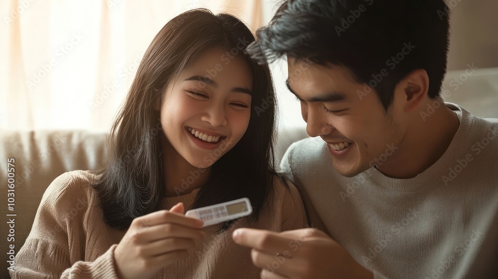 Couple on sofa looking at pregnancy test with happy expressions. Couple on sofa looking at pregnancy test with happy expressions.