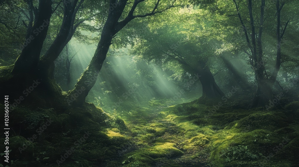 Naklejka premium Sunbeams pierce misty, mossy forest path.