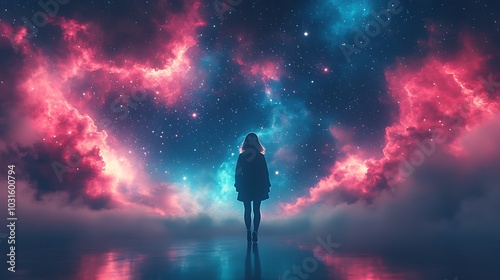 Generative AI Image of Beautiful Young Woman Walking Amongst Red Clouds and Stars at Night