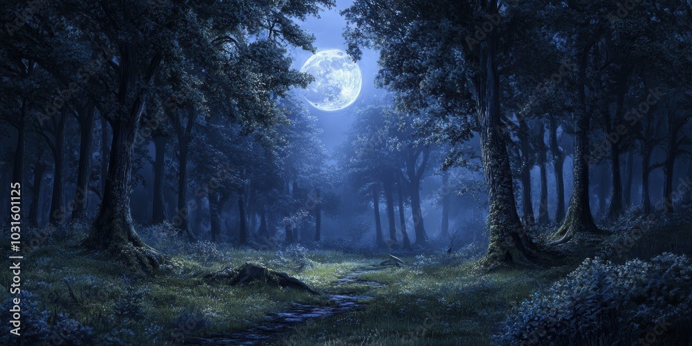 Fototapeta premium Moonlight path through dense, dark forest.