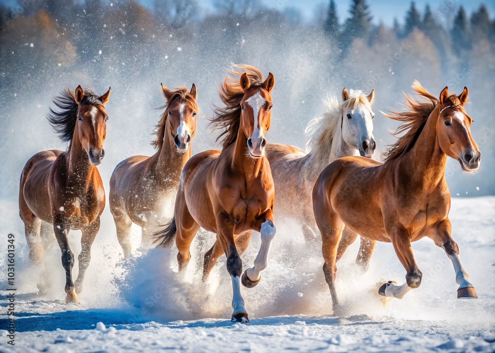 Majestic Horses in Snowy Landscape – Stunning Candid Photography of Horses Galloping Through Snow-Covered Fields, Capturing the Beauty of Winter and Equine Grace Majestic Horses in Snowy Landscape – Stunning Candid Photography of Horses Galloping Through Snow-Covered Fields, Capturing the Beauty of Winter and Equine Grace