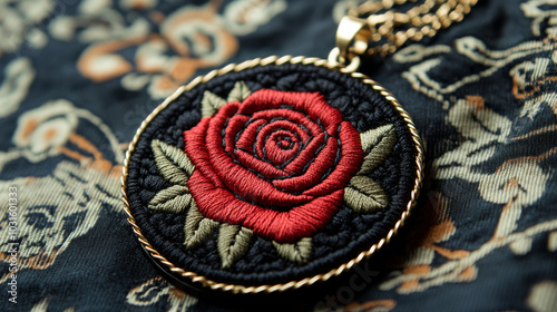 A beautiful red rose embroidered on a black background. This intricate design is perfect for a delicate necklace with a vintage feel. photo