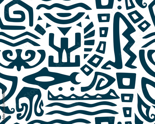 Hawaiian motifs.. Tiki seamless pattern. Aztec textile print.Geometric, vector background. Suitable for printing on fabric and paper, for parties. 