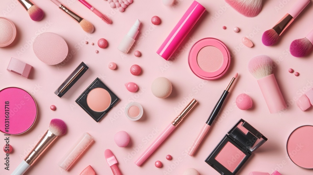 Flat lay of makeup cosmetic products on a pink background. New trending PANTONE 13-1023 Peach Fuzz color of 2024. Flat lay of makeup cosmetic products on a pink background. New trending PANTONE 13-1023 Peach Fuzz color of 2024.