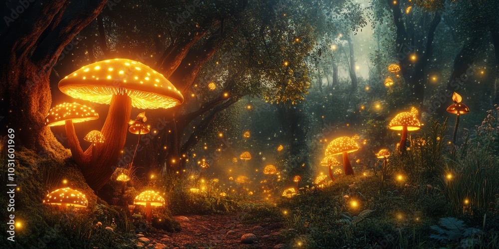 Magical glowing mushrooms in a dark forest.