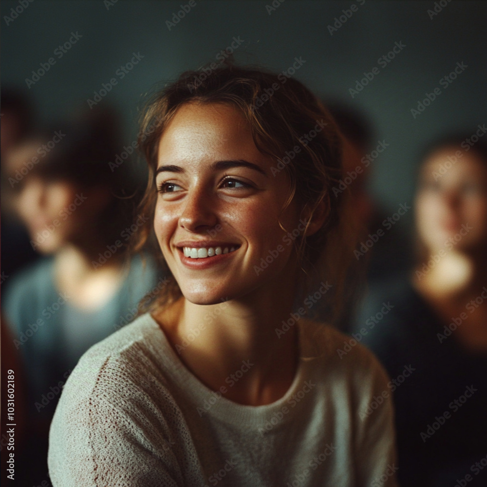 a woman smiling confidently, speaking in front of a group of people a woman smiling confidently, speaking in front of a group of people