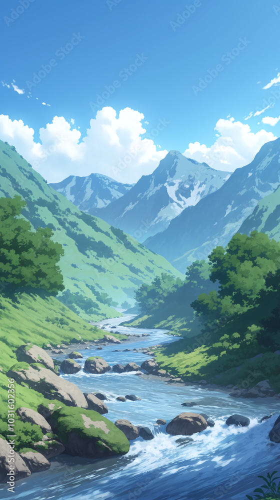 Obraz premium Serene Mountain River Landscape: Tranquil Valley with Flowing Water and Lush Greenery