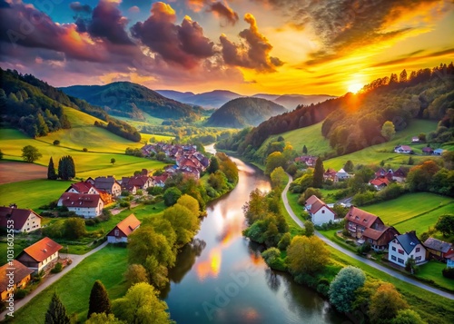 Serene Village in the Valley with Winding River - Silhouette Photography Illustration