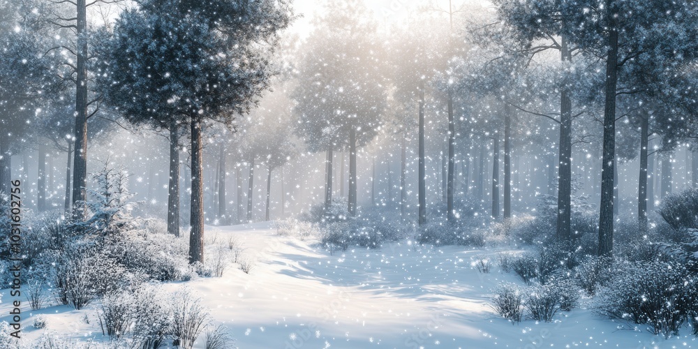 Snowy forest path with tall trees. Snowy forest path with tall trees.
