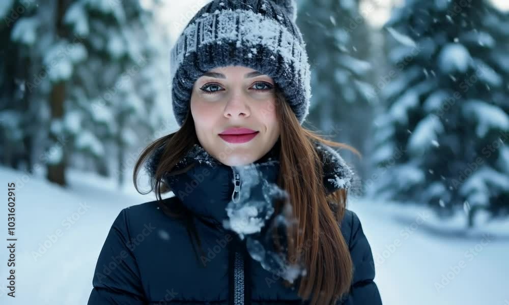 Woman in a winter hat throws snow in a snowy forest. Woman in a winter hat throws snow in a snowy forest.