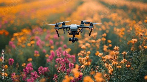 A drone flying over a field of pink and yellow flowers.