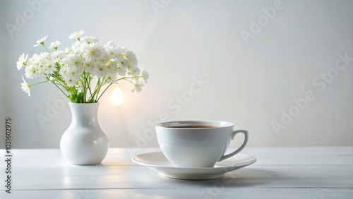 Serene White Coffee Scene with Flowers for Tranquil Morning Moments