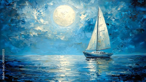 Sailboat Under Moonlit Sky   Abstract Oil Painting