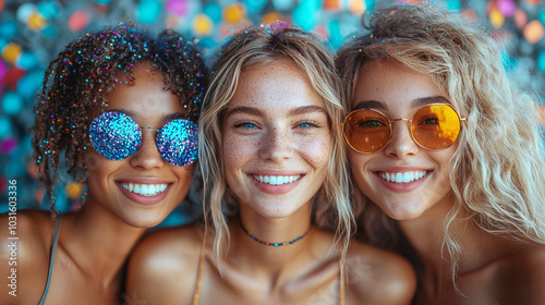 beautiful women in sunglasses celebrating happy birthday party with smiling and colorful confetti