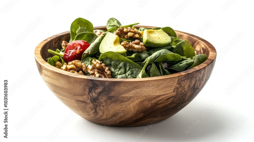 A rustic wooden salad bowl overflowing with a garden-fresh salad, featuring spinach, avocado, and walnuts, set against a bright white backdrop. A rustic wooden salad bowl overflowing with a garden-fresh salad, featuring spinach, avocado, and walnuts, set against a bright white backdrop.